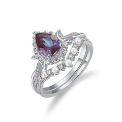 Glojewels 2pc Halo Twist Pearl Alexandrite Pear Cut Silver Ring Set