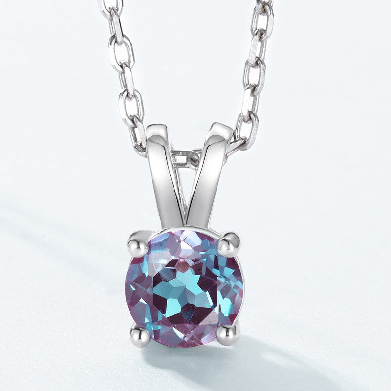 Glojewels Classical Simple Alexandrite Round Cut Silver Pendant Necklace