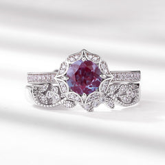 Glojewels 2pc Vintage Leaf Alexandrite Round Cut Silver Ring Set
