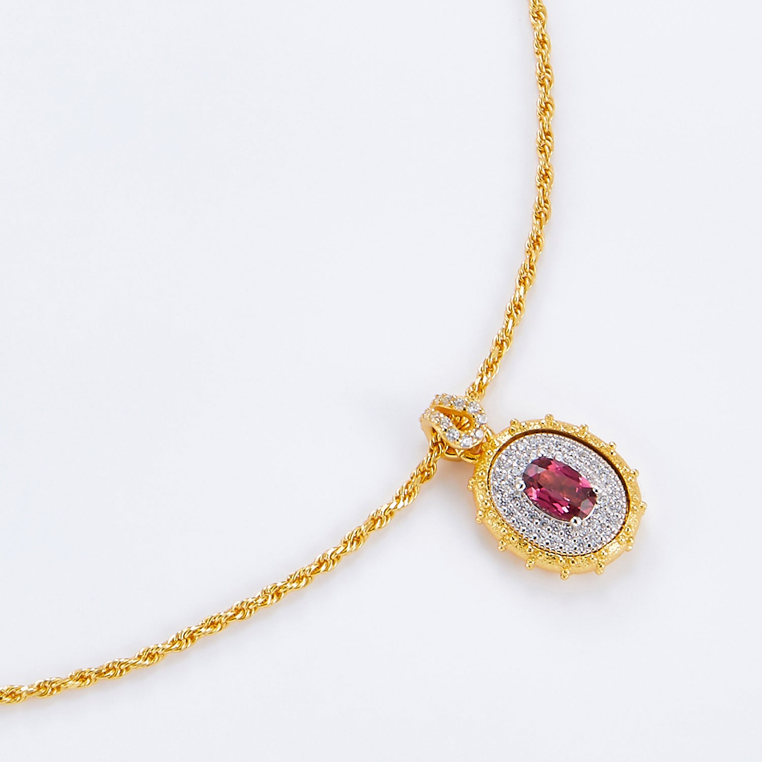 Glojewels Gold Retro Halo Natural Garnet Oval Cut Silver Twist Chain Pendant Necklace