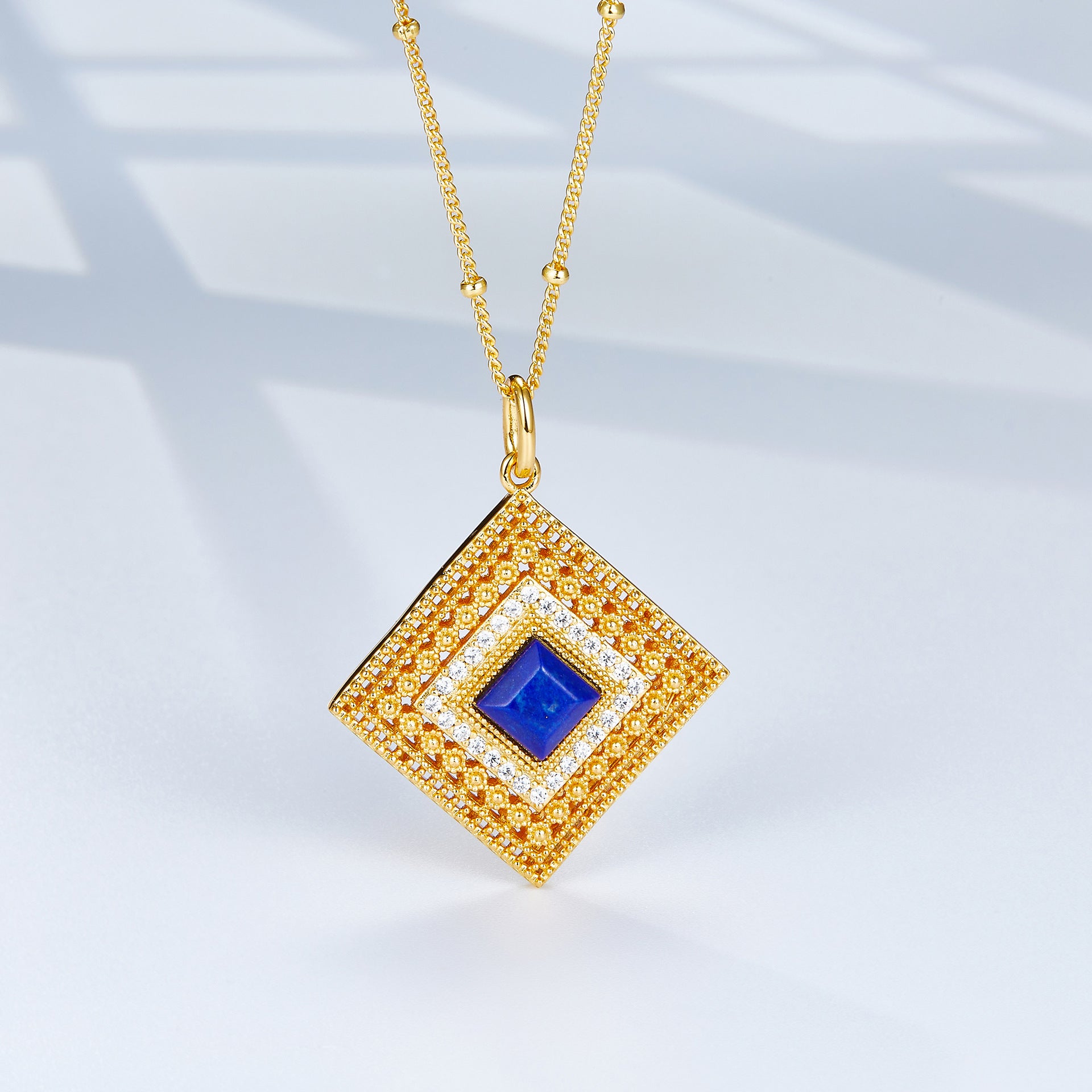 Glojewels Gold Halo Hollow Design Natural Lapis Lazuli Princess Cut Silver Pendant Necklace