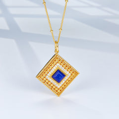 Glojewels Gold Halo Hollow Design Natural Lapis Lazuli Princess Cut Silver Pendant Necklace