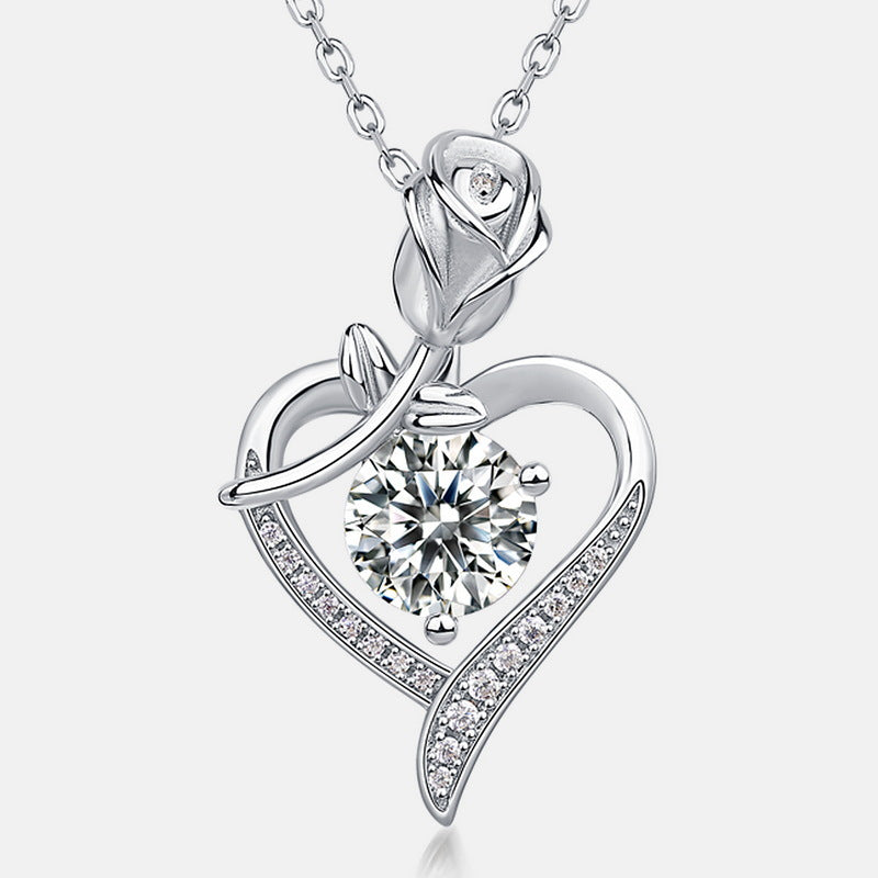Glojewels Rose Heart 1ct White Moissanite Round Cut Silver Pendant Necklace
