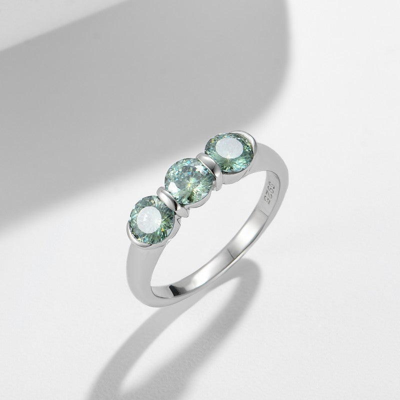 Glojewels Three Stone 1.5ctw Blue-green Moissanite Round Cut Silver Ring