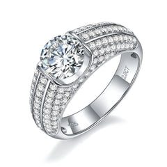 Glojewels Half 3 Rows 1ct White Moissanite Round Cut Silver Men's Ring