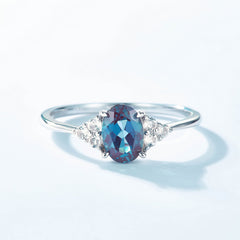 Glojewels Three Stone Alexandrite Oval Cut Silver Ring