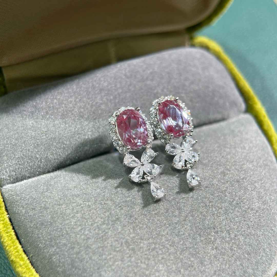Glojewels Halo Flowwer Design Alexandrite Oval & Pear Cut Silver Drop Earring