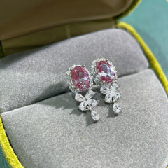 Glojewels Halo Flowwer Design Alexandrite Oval & Pear Cut Silver Drop Earring