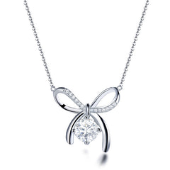 Glojewels Bowknot Clavicle 1ct White Moissanite Round Cut Silver Pendant Necklace