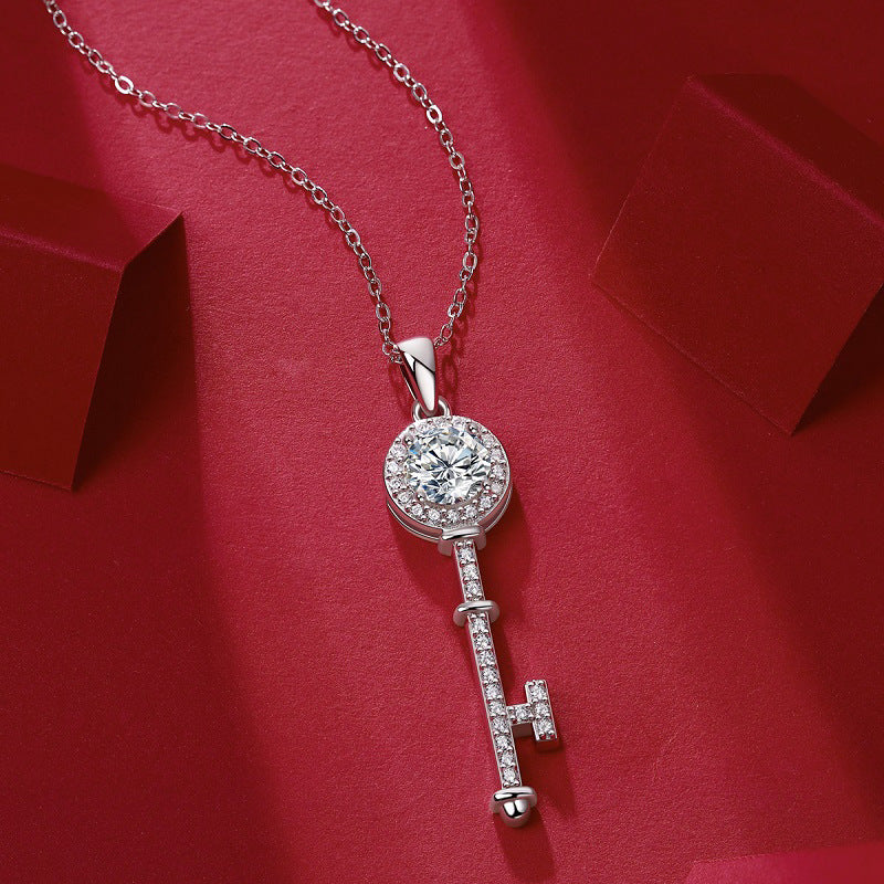 Glojewels Heart White Round Cut 1ct Moissanite Key Pendant Necklace