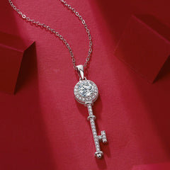 Glojewels Heart White Round Cut 1ct Moissanite Key Pendant Necklace