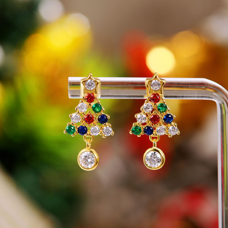 Glojewels Christmas Tree Gold Rainbow 0.3ct White Moissanite Round Cut Silver Drop Earring