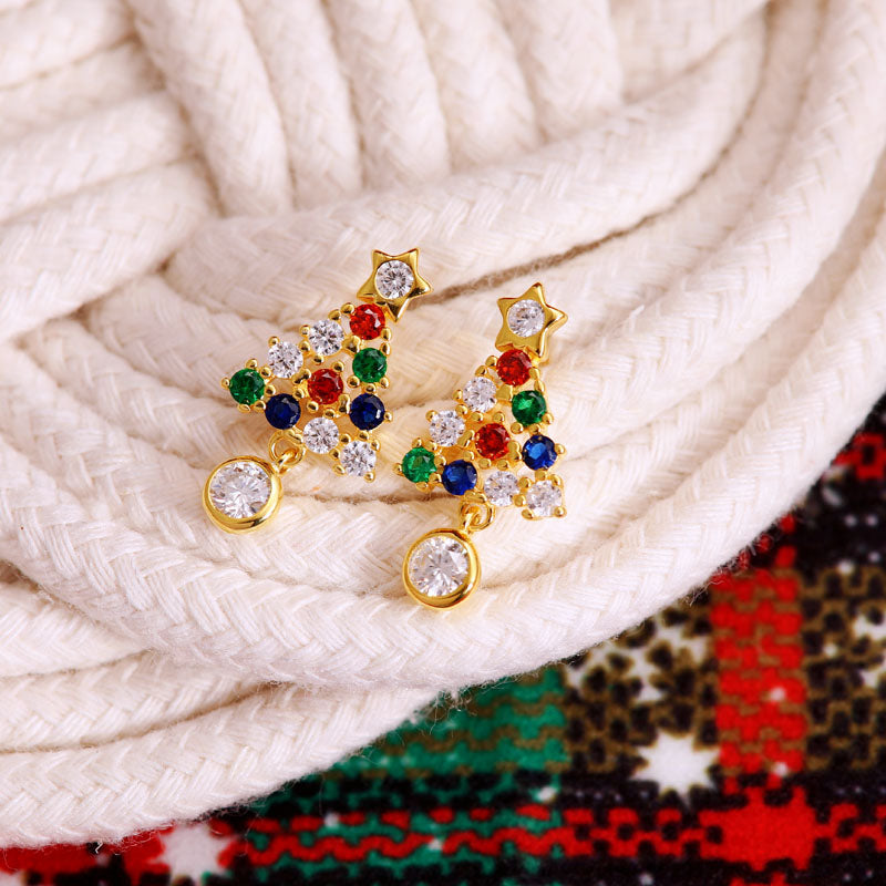 Glojewels Christmas Tree Gold Rainbow 0.3ct White Moissanite Round Cut Silver Drop Earring