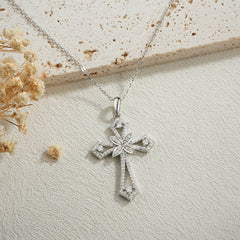 Glojewels Vintage White Round Cut Moissanite Cross Pendant Necklace