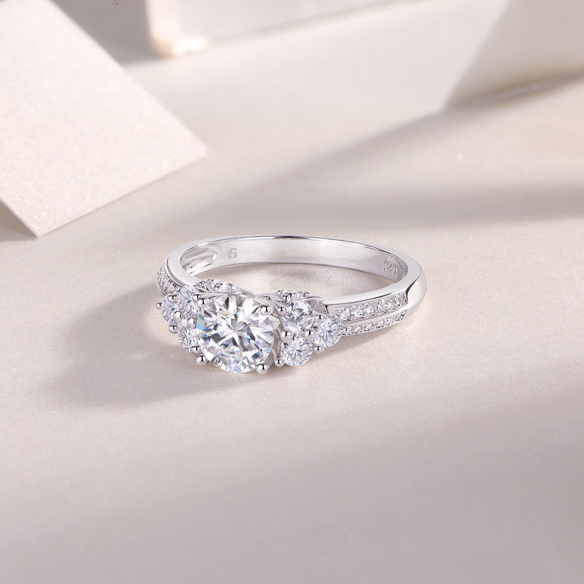 Glojewels Three Stone Starburst White Sapphire 1ct Moissanite Round Cut Silver Ring