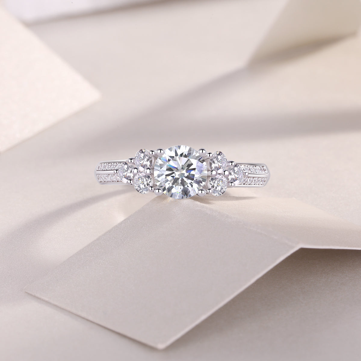 Glojewels Three Stone Starburst White Sapphire 1ct Moissanite Round Cut Silver Ring
