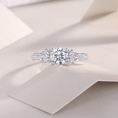 Glojewels Three Stone Starburst White Sapphire 1ct Moissanite Round Cut Silver Ring