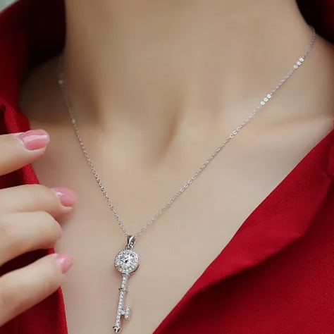 Glojewels Heart White Round Cut 1ct Moissanite Key Pendant Necklace