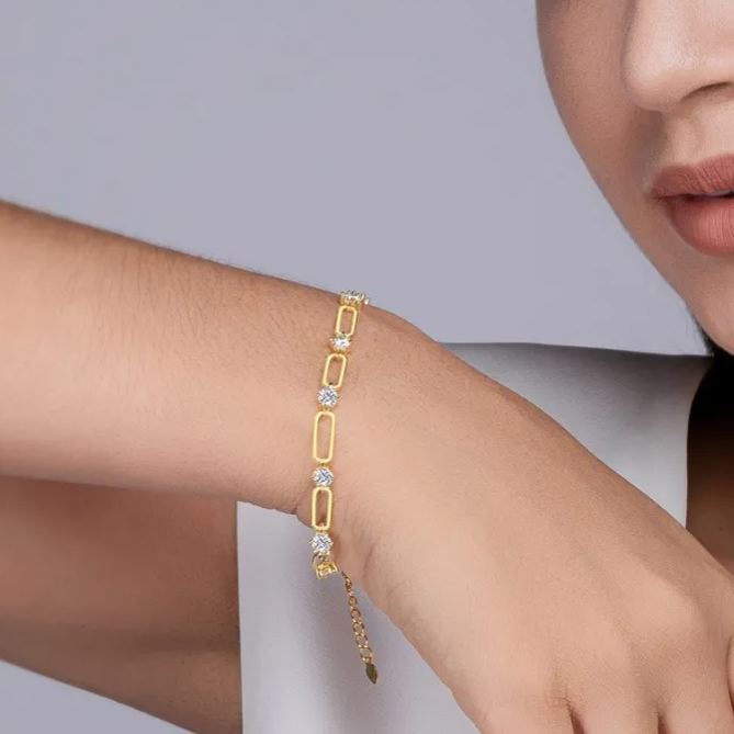 Glojewels Gold Simple Adjustable White 0.3ct Moissanite Round Cut Silver Chain Bracelet