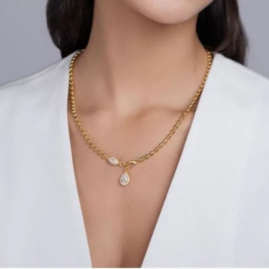 Glojewels Gold Rope Chain White Moissanite Marquise & Pear Cut Silver Y-Shaped Necklace