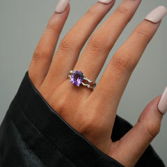 Glojewels Unique Twisted Orbit Natural Amethyst Oval Cut Silver Ring