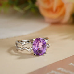 Glojewels Unique Twisted Orbit Natural Amethyst Oval Cut Silver Ring