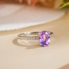 Glojewels Classical Half Eternity Natural Amethyst Oval Cut Silver Ring