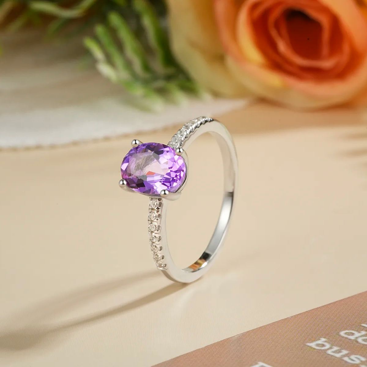 Glojewels Classical Half Eternity Natural Amethyst Oval Cut Silver Ring