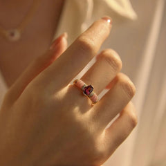 Glojewels Champagne Gold Pink Shell Natural Garnet Oval Cut Silver Ring