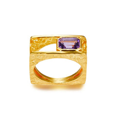 Glojewels Gold Geometric Trendy Chic Design Natural Amethyst Emerald Cut Silver Ring