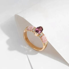 Glojewels Champagne Gold Pink Shell Natural Garnet Oval Cut Silver Ring