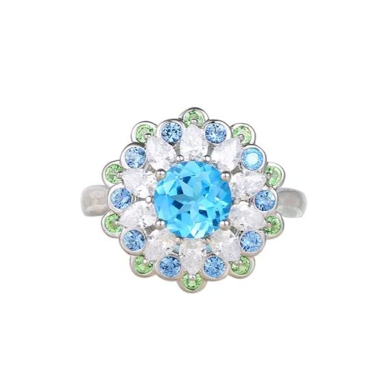 Glojewels Halo Flower Design Aqua Blue  Natural Topaz Round Cut Silver Ring