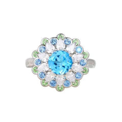 Glojewels Halo Flower Design Aqua Blue  Natural Topaz Round Cut Silver Ring
