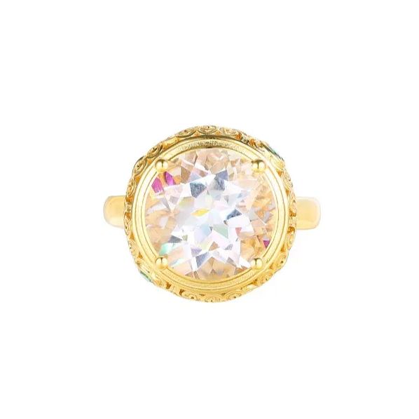 Glojewels Gold Vintage Simple White Natural Crystal Round Cut Silver Ring