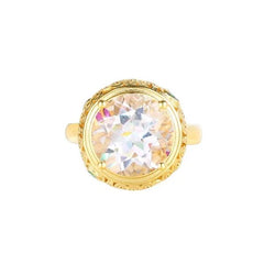 Glojewels Gold Vintage Simple White Natural Crystal Round Cut Silver Ring