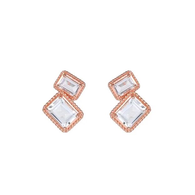 Glojewels Rose Gold Toi Et Moi White Natural Crystal Emerald Cut Silver Stud Earring