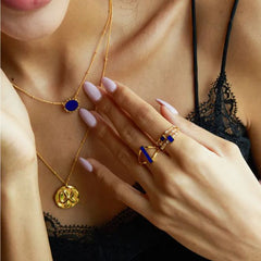 Glojewels Gold Square Double Row Design Natural Lapis Lazuli Princess Cut Silver Ring