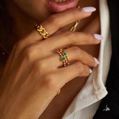 Glojewels Gold Square Double Row Design Natural Malachite Princess Cut Silver Ring