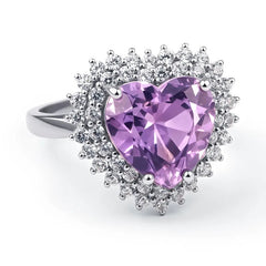 Glojewels Stunning Double Halo Natural Amethyst Heart Cut Silver Ring