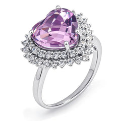 Glojewels Stunning Double Halo Natural Amethyst Heart Cut Silver Ring