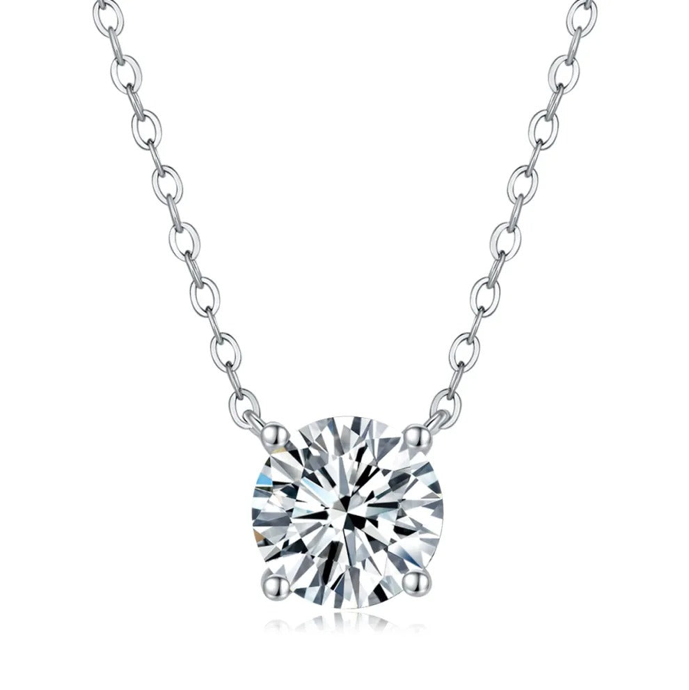 Glojewels Classical Four-Claw 1ct White Moissanite Round Cut Silver Pendant Necklace