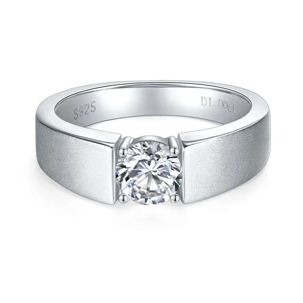 Glojewels Classical Solitaire 1ct White Moissanite Round Cut Silver Men's Ring