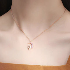 Glojewels Rose Gold Cat Love Under Moon Pink Sapphire Round Cut Silver Pendant Necklace