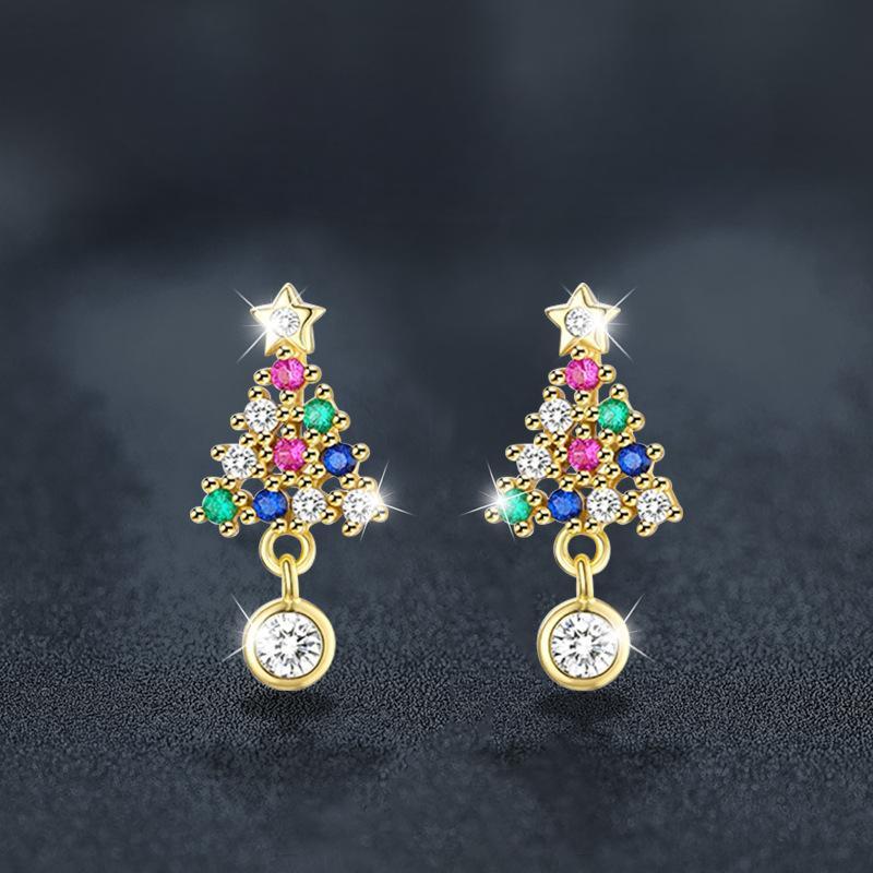 Glojewels Christmas Tree Gold Rainbow 0.3ct White Moissanite Round Cut Silver Drop Earring